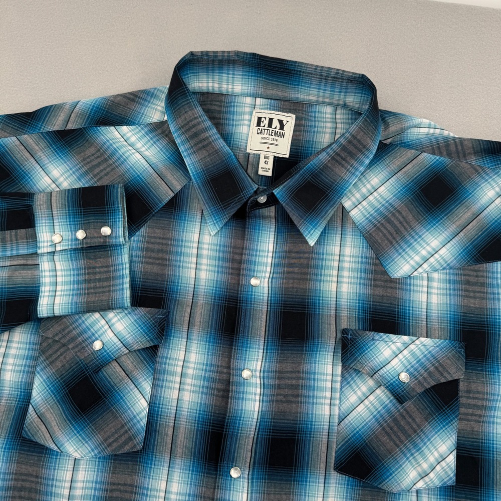Ely Cattleman Pearl Snap Mens 4XB Blue Plaid Western Long Sleeve Shirt Cowboy